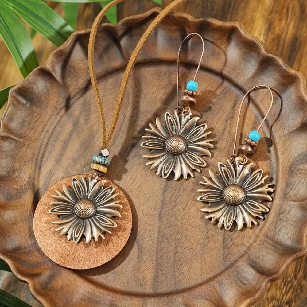 3pcs Jewelry Set with Copper-Colored Sunflower Necklace & Earrings Z189